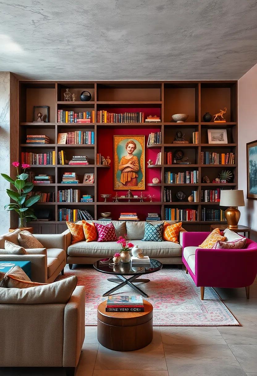Arranging Open Shelving with Colorful Books and Curated Artifacts to Enhance the Eclectic Vibe