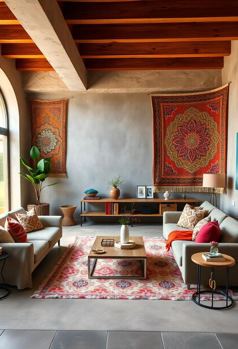 Showcasing Handwoven Tapestries with Intricate Designs in Warm, Vibrant Colors on Accent Walls