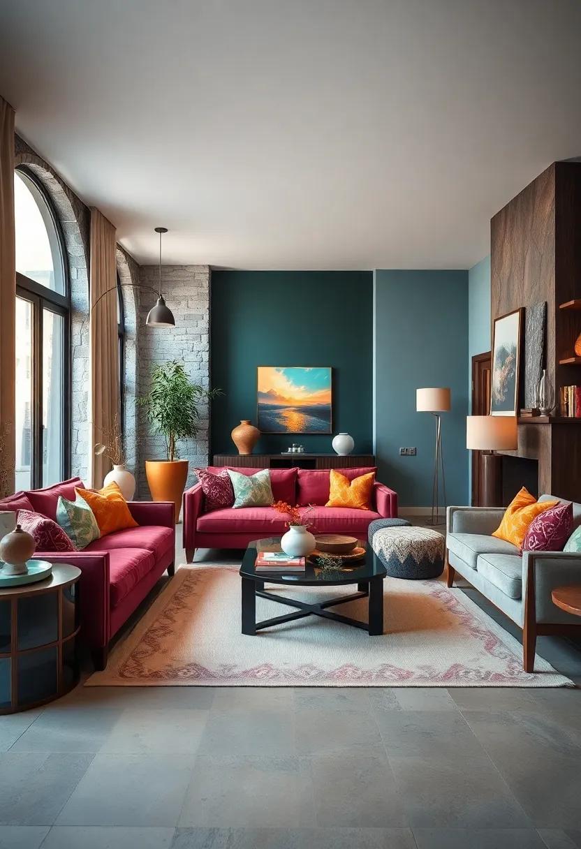 Balancing Bright Accent Pieces Against Dark Wood Furnishings for a Grounded Yet Lively Space