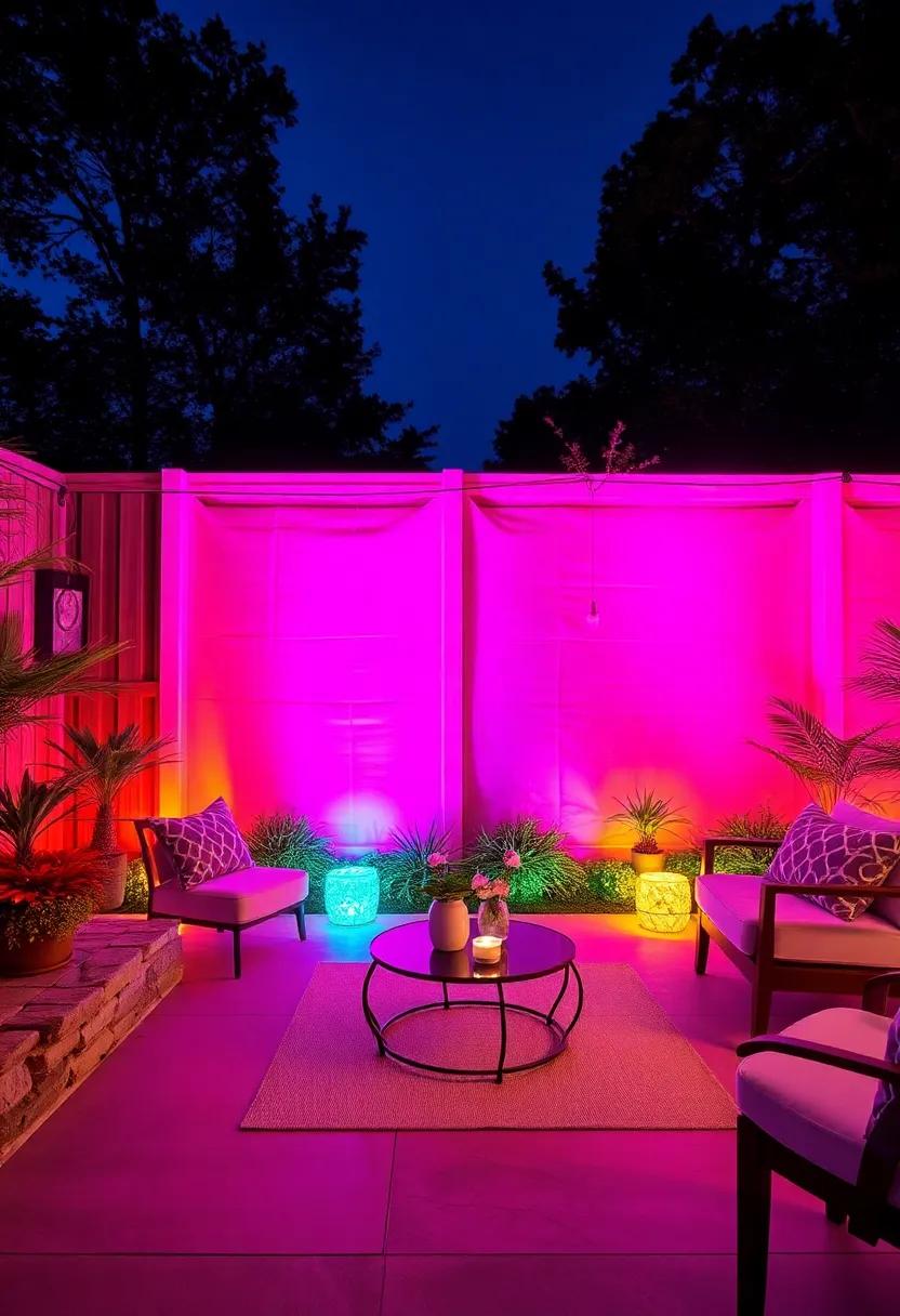 Colorful Solar-Powered LED Lights Illuminating Fence Panels With Vibrant Hues For Nighttime Events