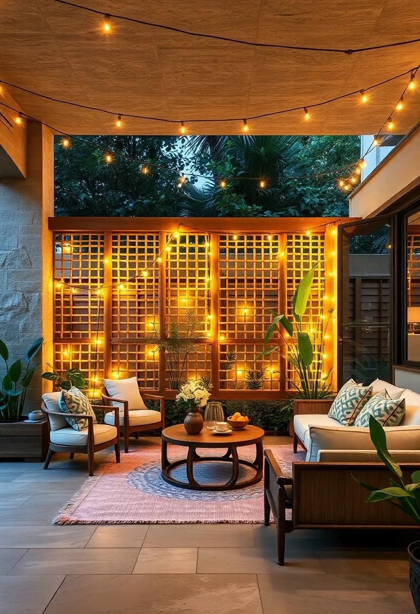 Natural Bamboo Fence Wrapped In Warm String Lights Enhancing Tropical Outdoor Gathering Spaces