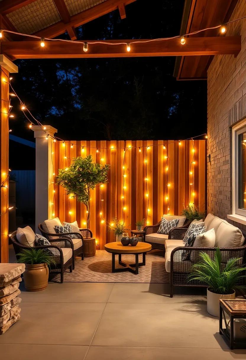 Rustic Wooden Fences Wrapped In Warm Rope Lights Creating A Cozy, Inviting Gathering Space