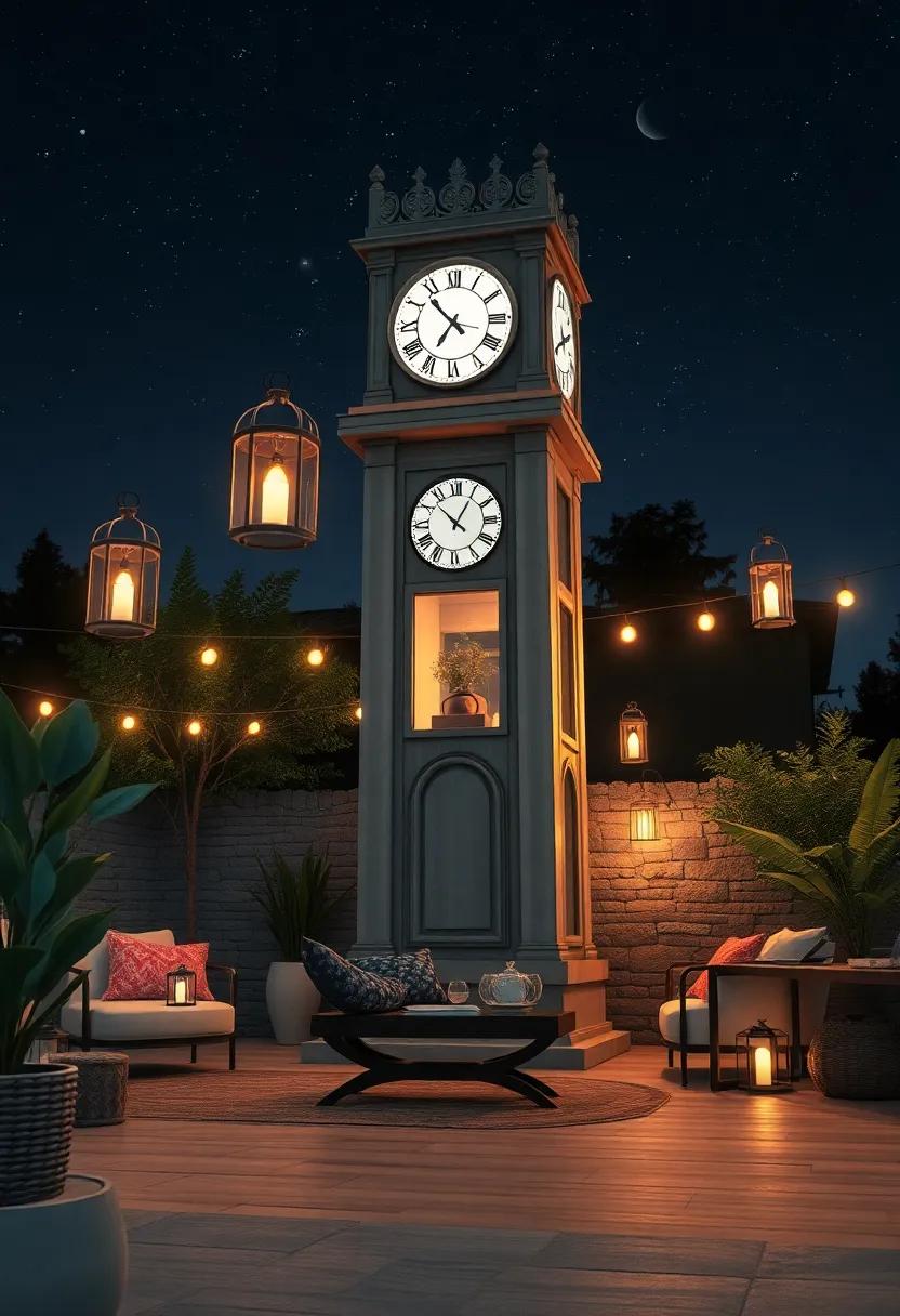 The Clock Tower Illuminated by Vintage Lanterns on a Quiet Starry Night