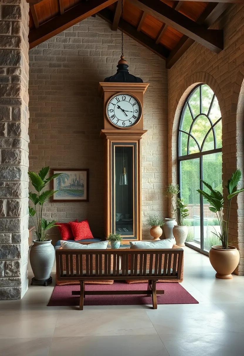A Wide-Angle View Capturing the Clock Tower and an Old Wooden Bench Nearby