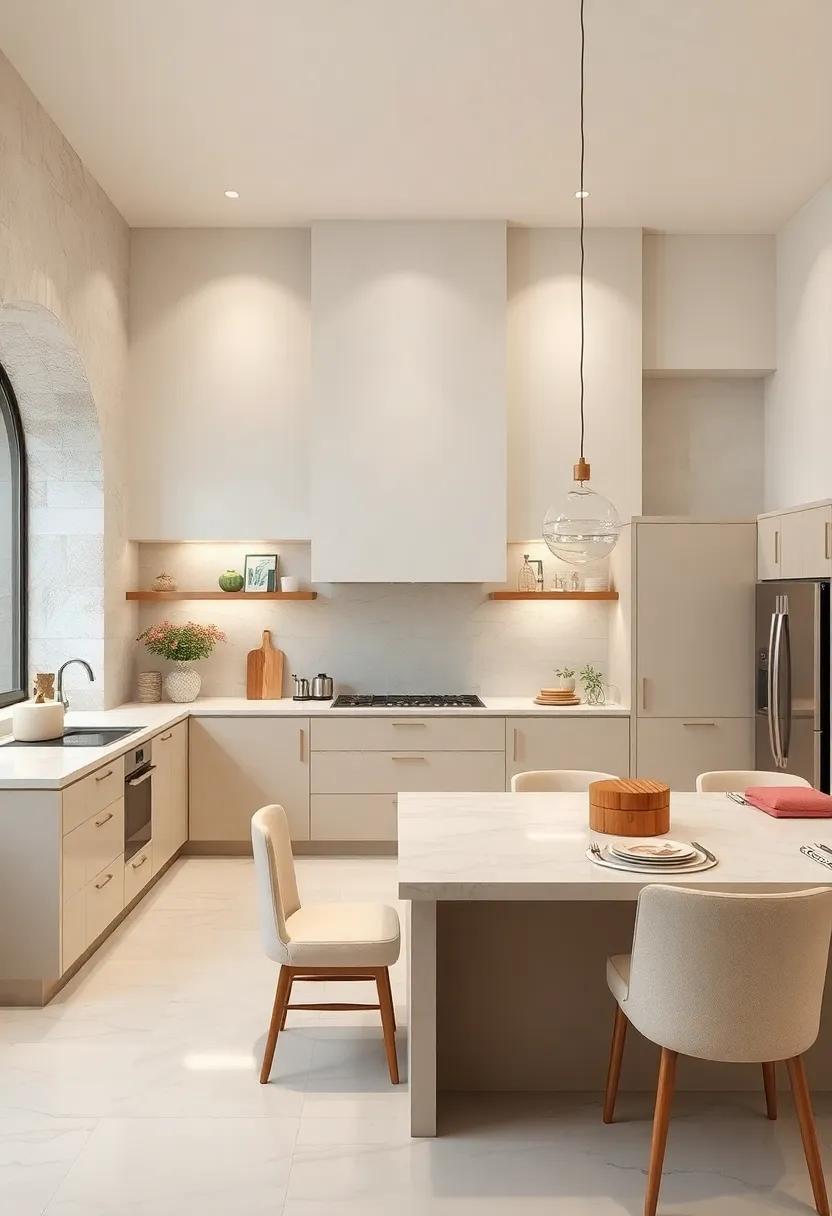Creamy Ivory Kitchen Architecture Featuring Glossy Pearl-Inspired Accent Walls For Depth