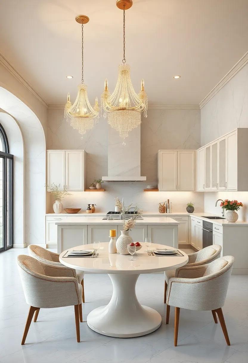 Delicate Pearl Chandeliers Suspended Over Ivory-Toned Kitchen Dining Tables For Elegance