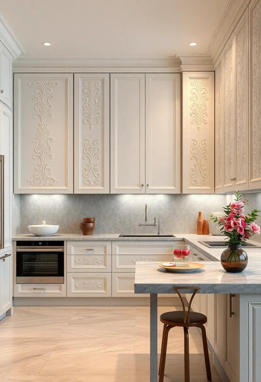 Intricately Carved Pearl Inlays Enhancing Classic Ivory Kitchen Cupboards With Subtle Elegance