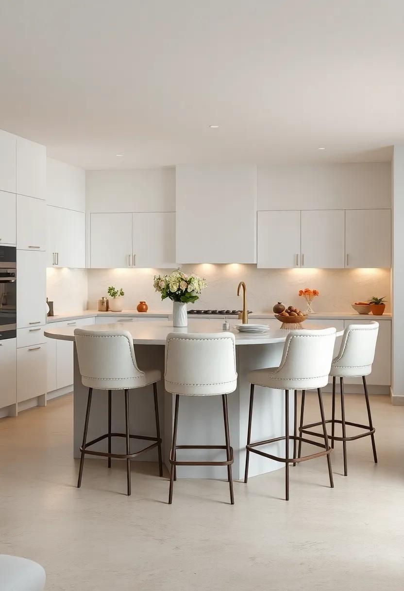 Ivory Upholstered High Stools With Subtle Pearl Detailing Surrounding A Minimalist Kitchen Island