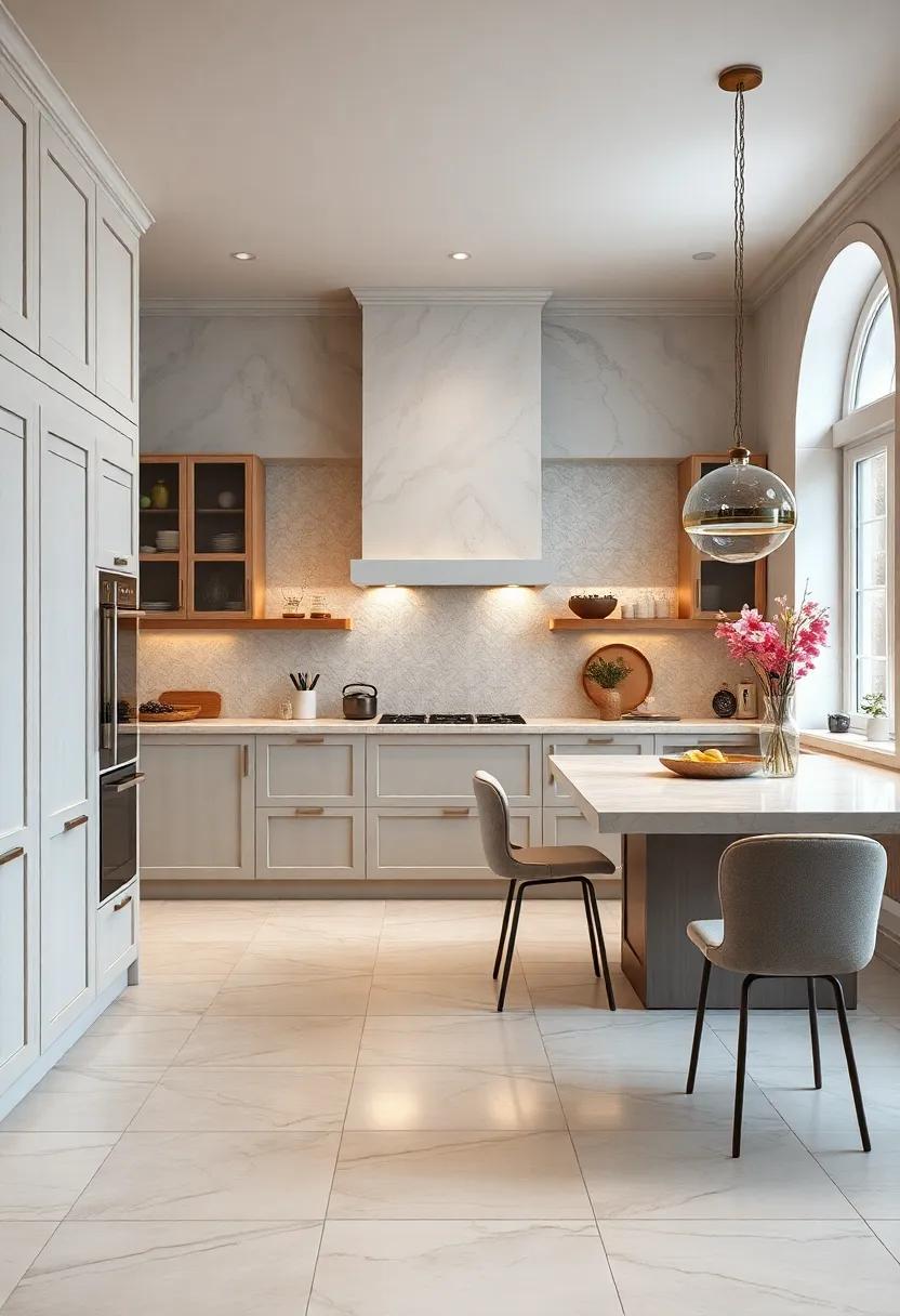 Ivory Tiled Flooring With Subtle Pearl Highlights Offering A Classic Yet Contemporary Kitchen Feel