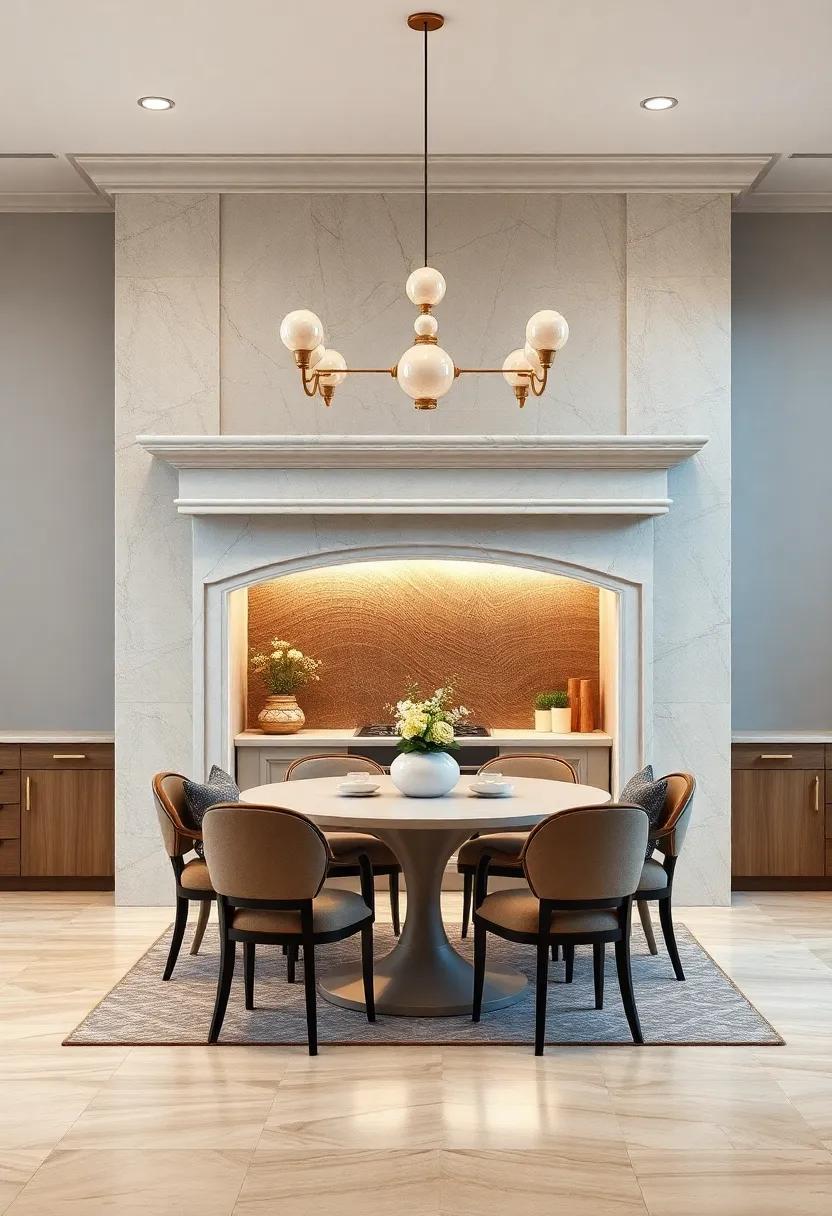 Ivory Stone Fireplace Mantel With Pearl Ornamentation Framing A Cozy Kitchen Seating Area