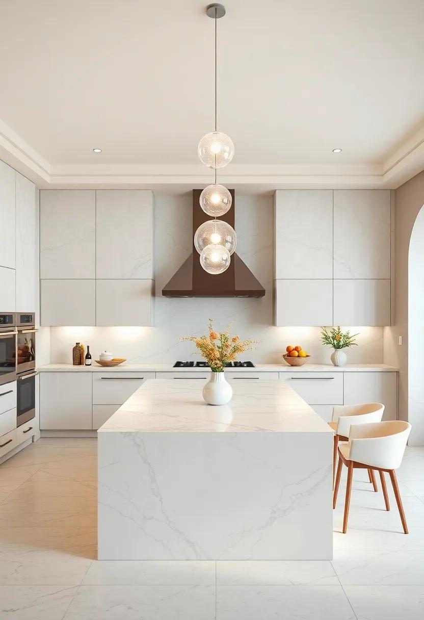Pearl Pendant Lights Casting A Delicate Glow Over An Ivory Marble Island Centerpiece
