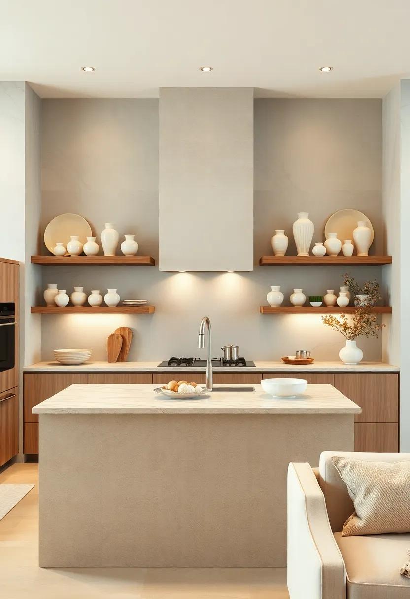 Pearl and Ivory Ceramic Vase Collections Adorning Open Shelves In A Sophisticated Culinary Space