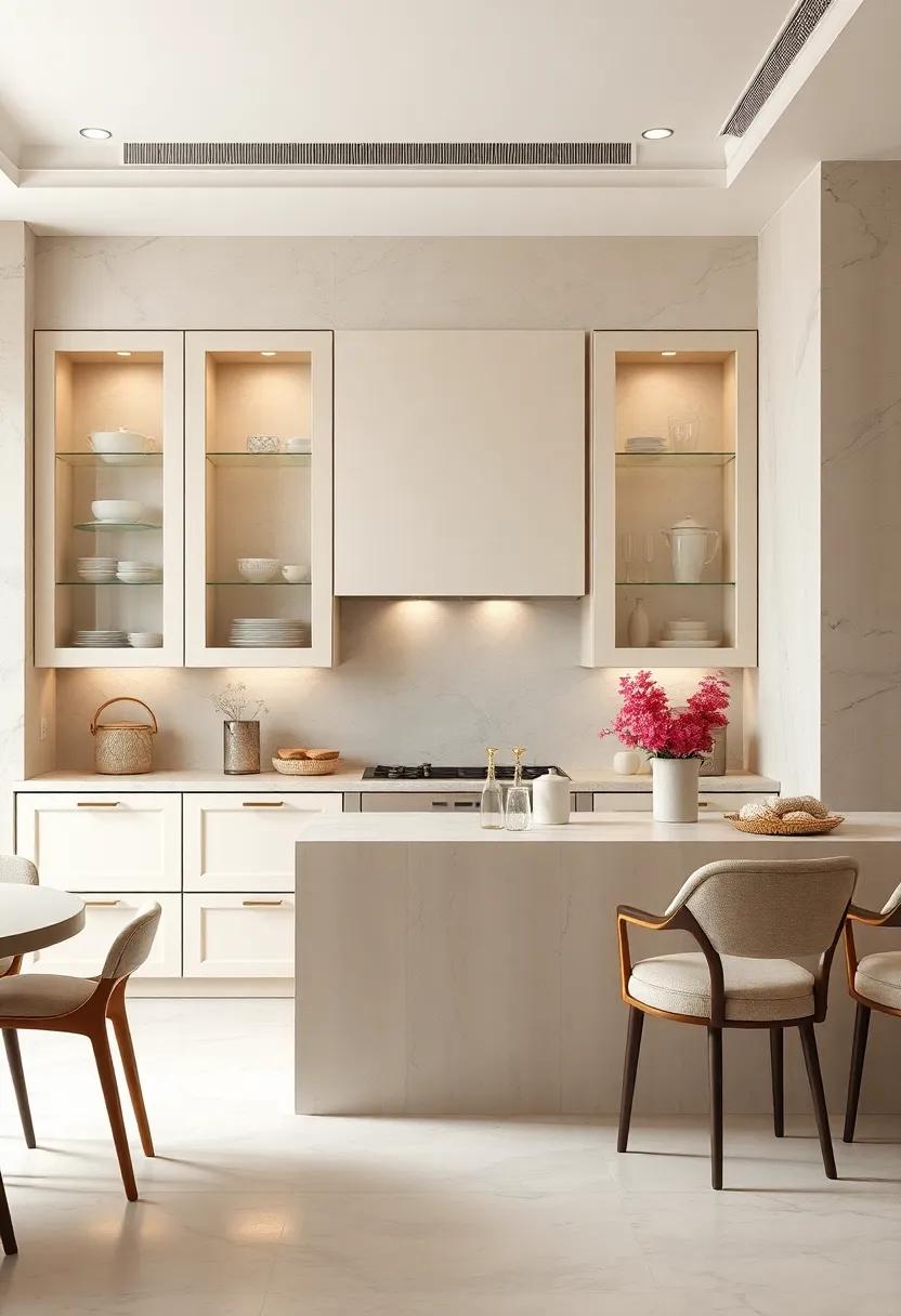 Pearl-tinted Glass Cabinet Doors Displaying Fine China Against A Backdrop Of Smooth Ivory Surfaces