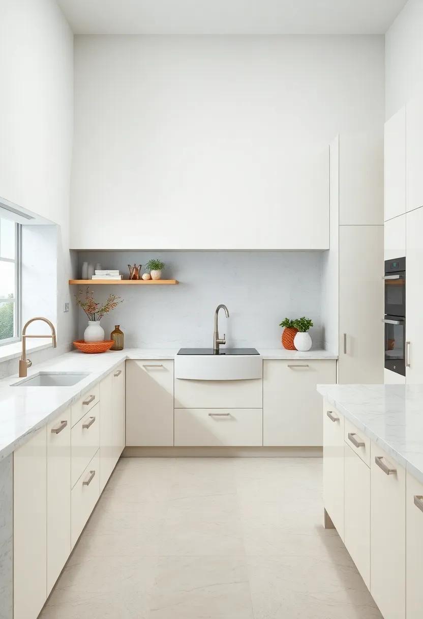 Seamlessly Integrated Pearl Sink Fixtures In A Cream-White Ivory Kitchen Layout