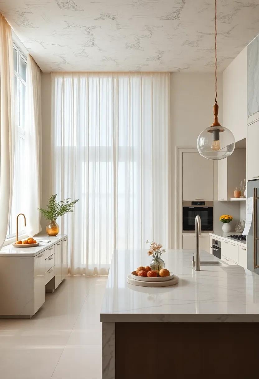 Soft Ivory Draperies Paired With Shimmering Pearl Curtains Giving An Airy Yet Opulent Kitchen Vibe