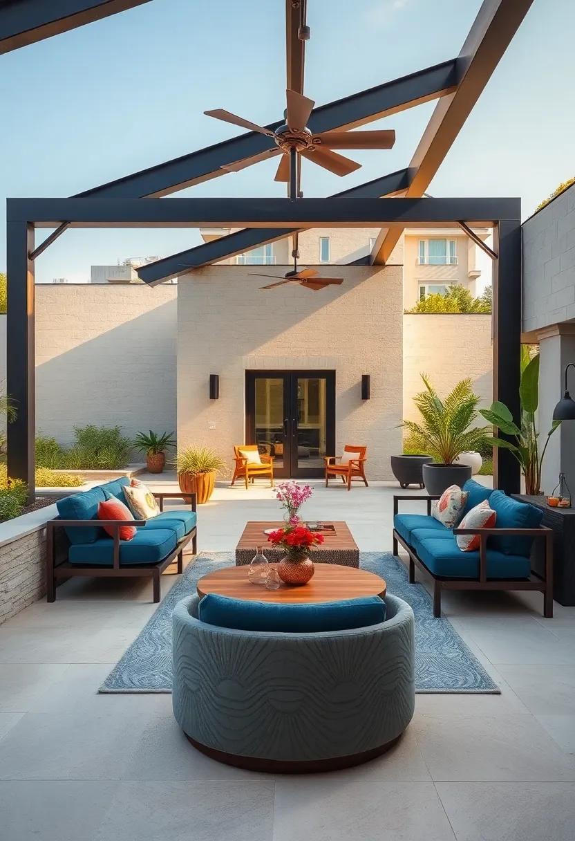 Sumptuous Velvet Upholstered Patio Seats Contrasting Against Raw Steel Outdoor Structures