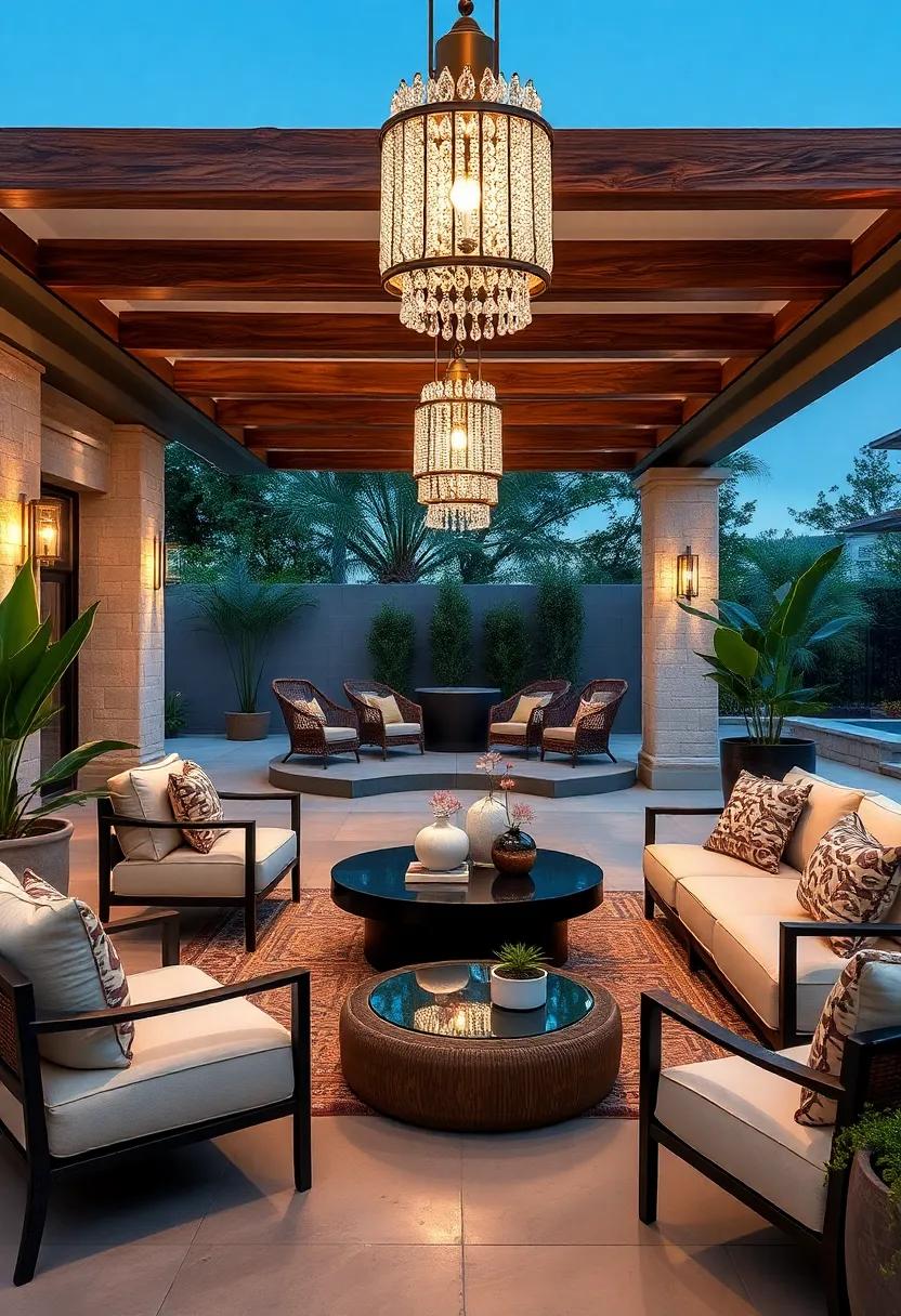 Sophisticated Outdoor Lighting Fixtures with Brass and Crystal Elements Enhancing Night Ambiance