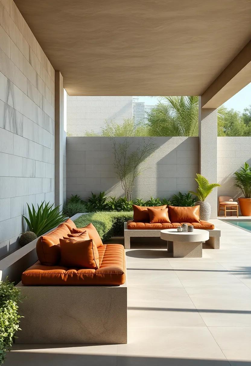 Minimalist Luxury Showcasing Sleek Concrete and Leather Garden Benches with Clean Lines
