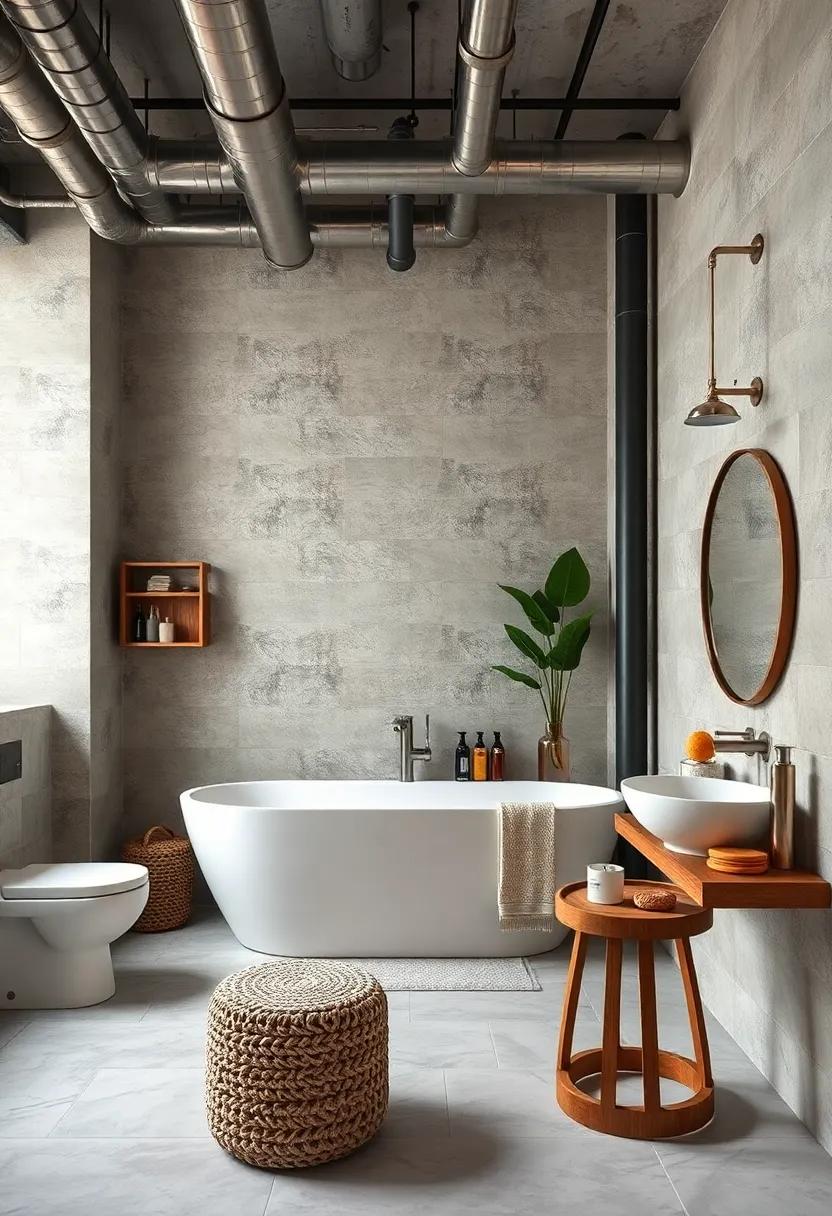 Exposed Ductwork and Metal Beams Creating an Authentic Industrial Bathroom Atmosphere
