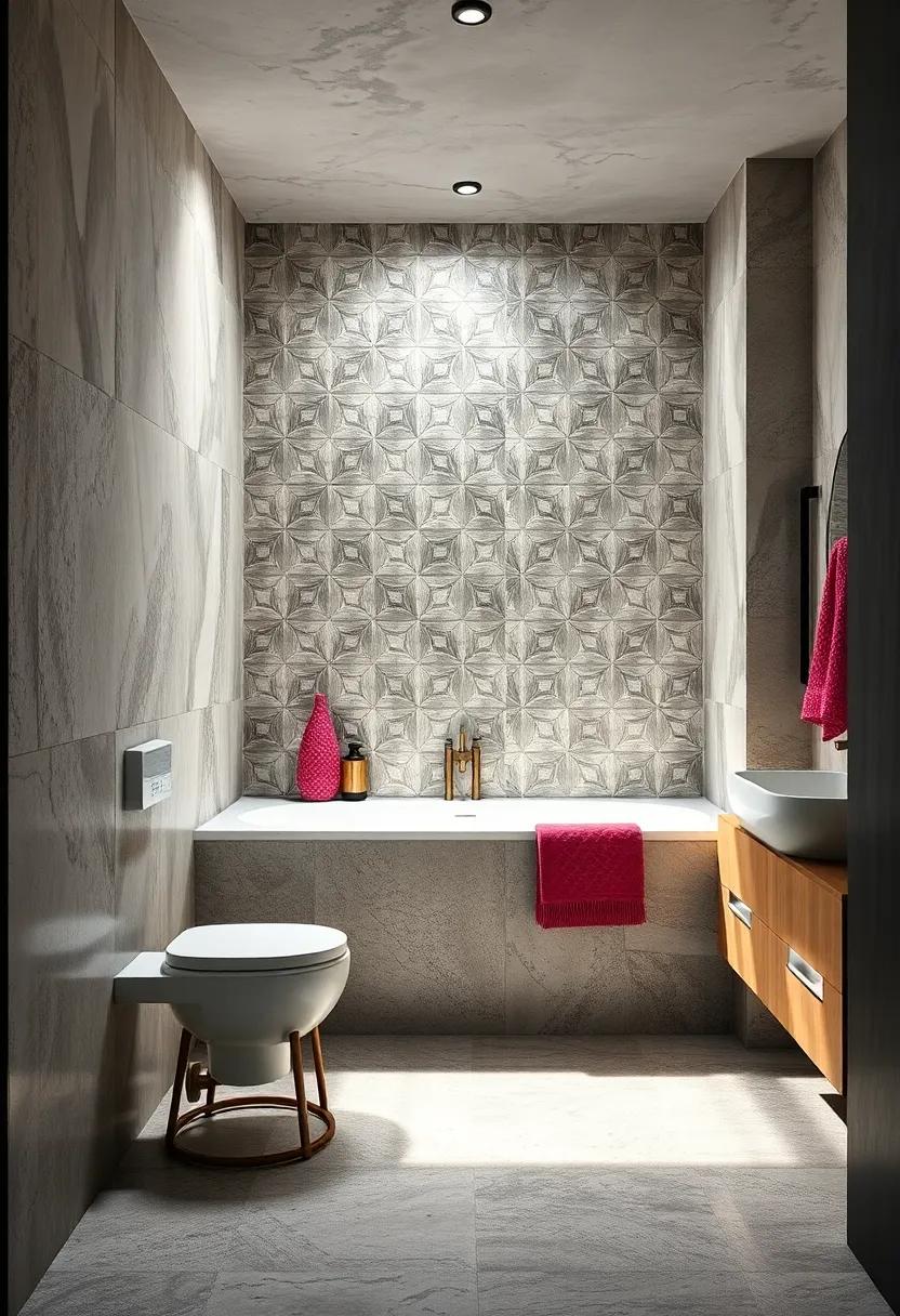 Geometric Patterns in Metallic Tiles Reflecting Light and Adding Depth to Bathroom Walls