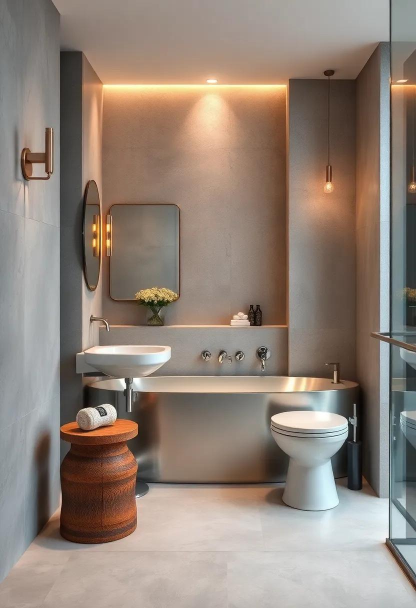 Glossy Silver Accents Framed by Earthy Concrete Walls in Modern Industrial Bathroom Themes