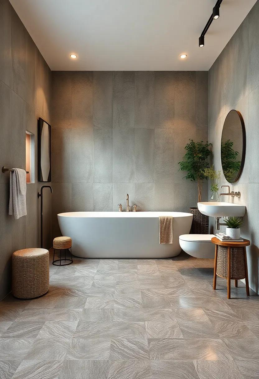 Industrial Bathroom Flooring Featuring Polished Metal Inlays for a Unique Spatial Experience