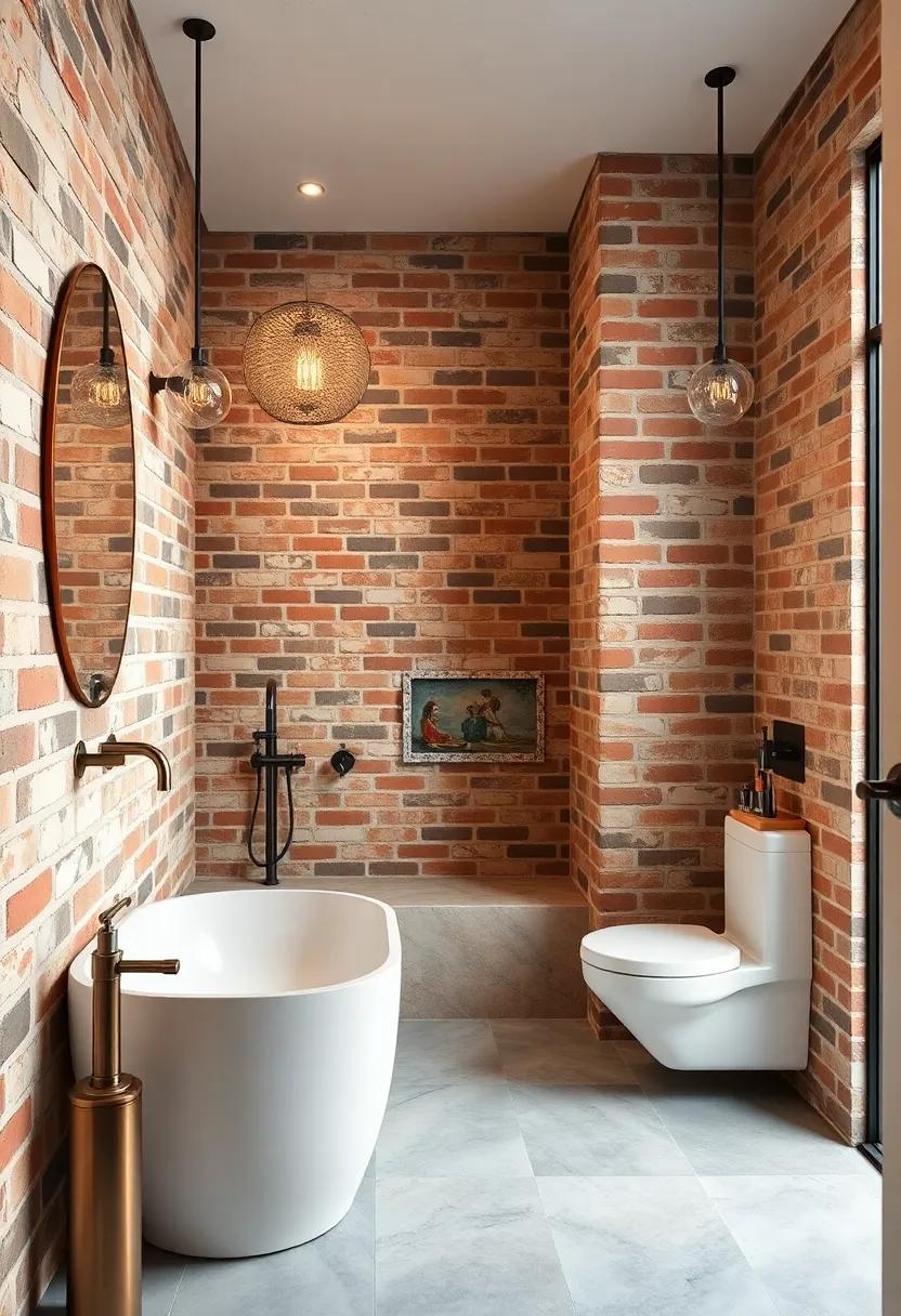 Metallic Bathroom Hardware Against Painted Brick Walls Offering a Bold Urban Appeal