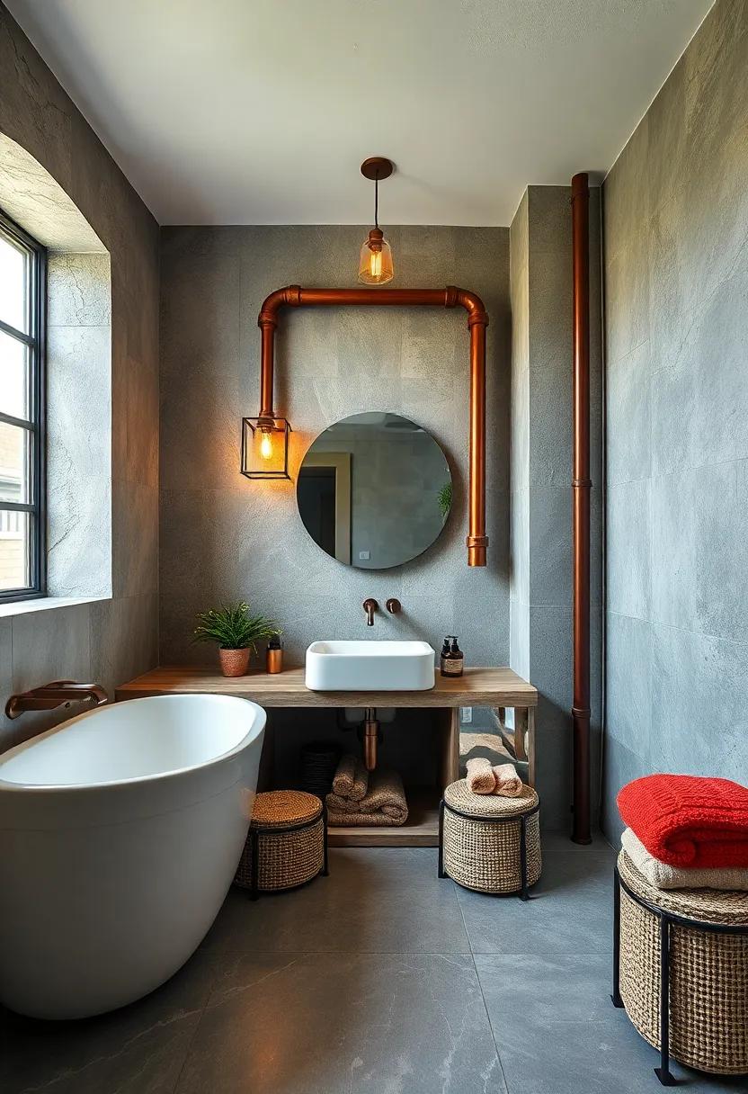 Rustic Copper and Iron Pipes as Functional Art in Industrial Bathroom Spaces