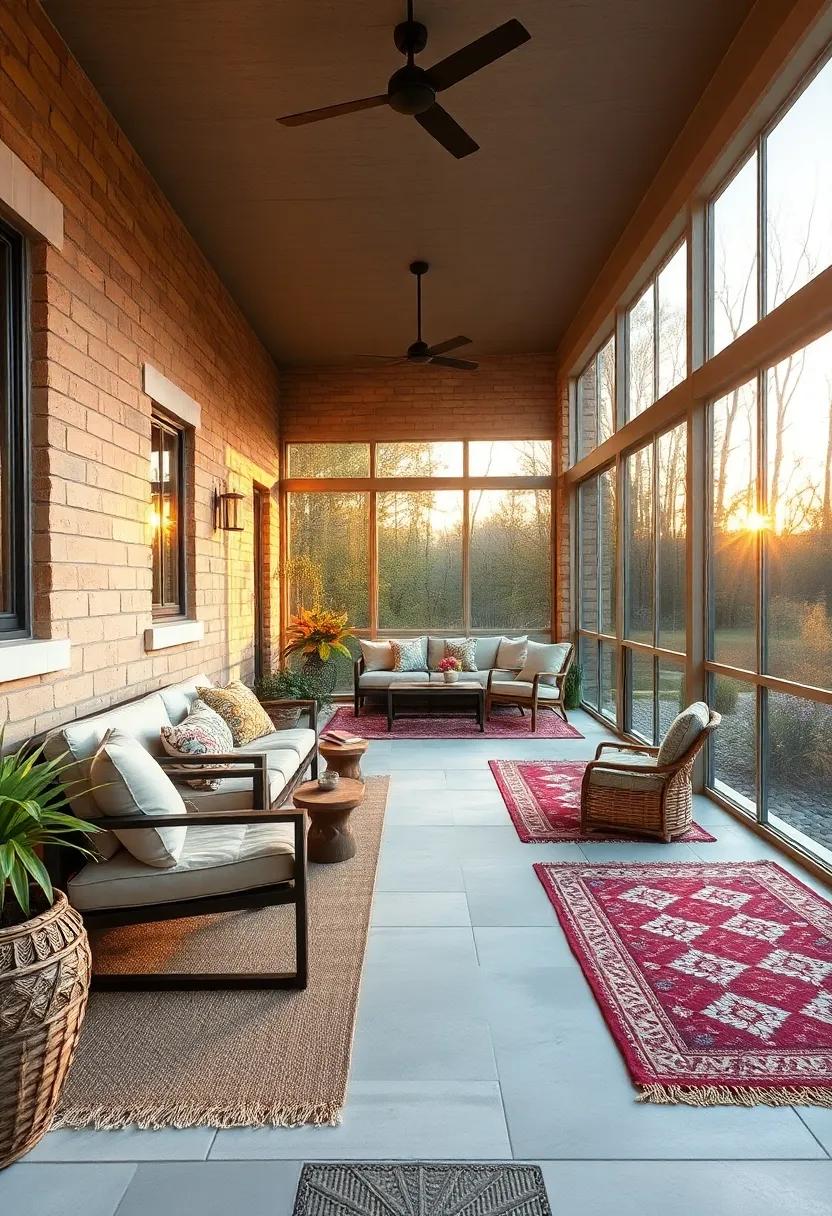 Cozy Large Screened Porch Bathed in Warm Sunset Light Featuring Layered Outdoor Rugs in Earthy Tones