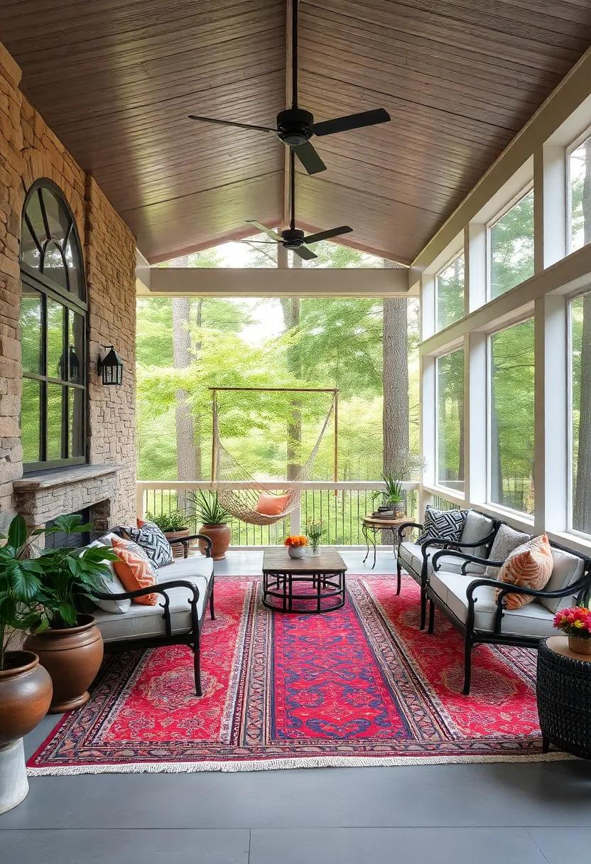 Large Screened Porch with Richly Patterned Outdoor Rugs and Cozy Hanging Hammock Among Tall Trees