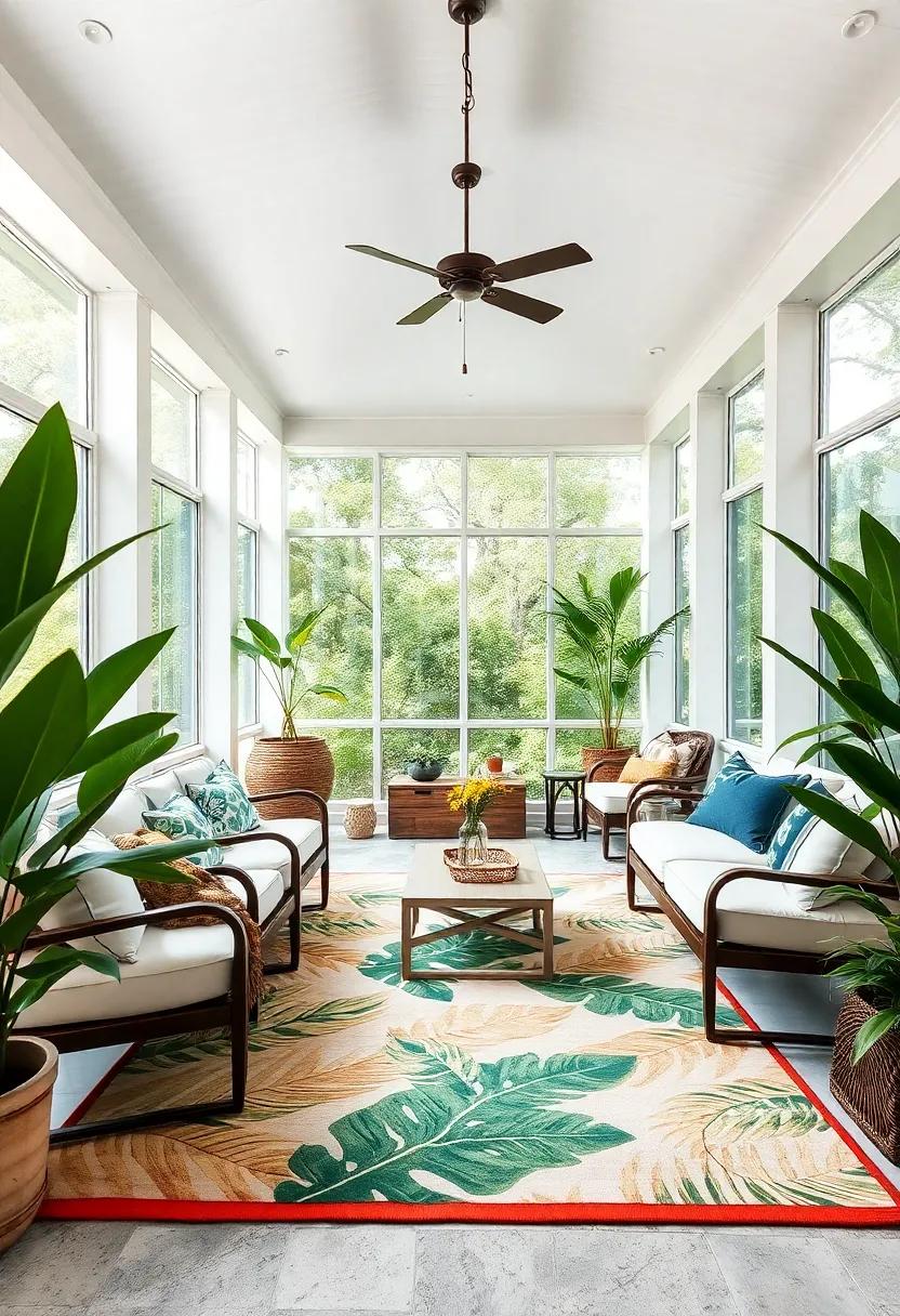 Bright and Airy Large Screened Porch with Tropical Leafy Rugs and Comfortable Lounge Seating Amidst Greenery