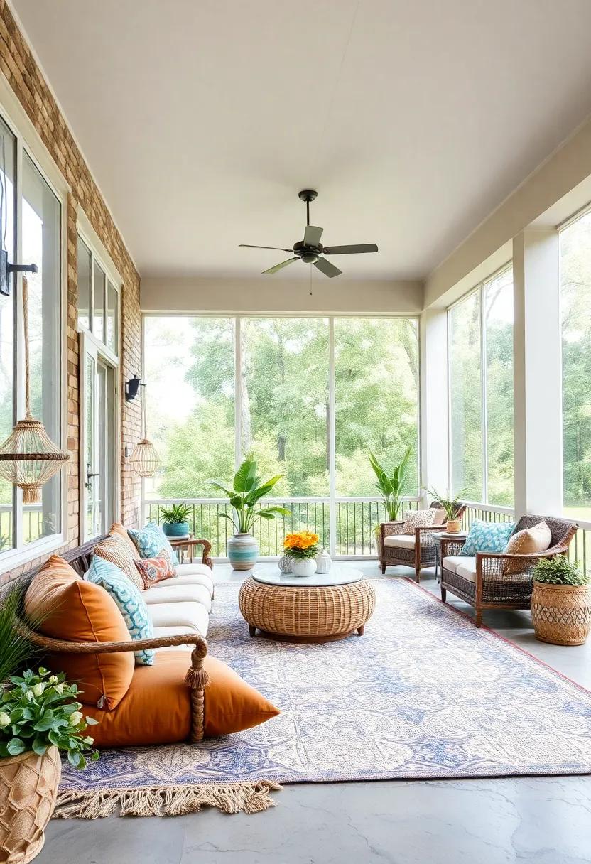 Inviting Large Screened Porch with Bohemian Inspired Outdoor Rugs, Macramé Accents, and Soft Floor Cushions