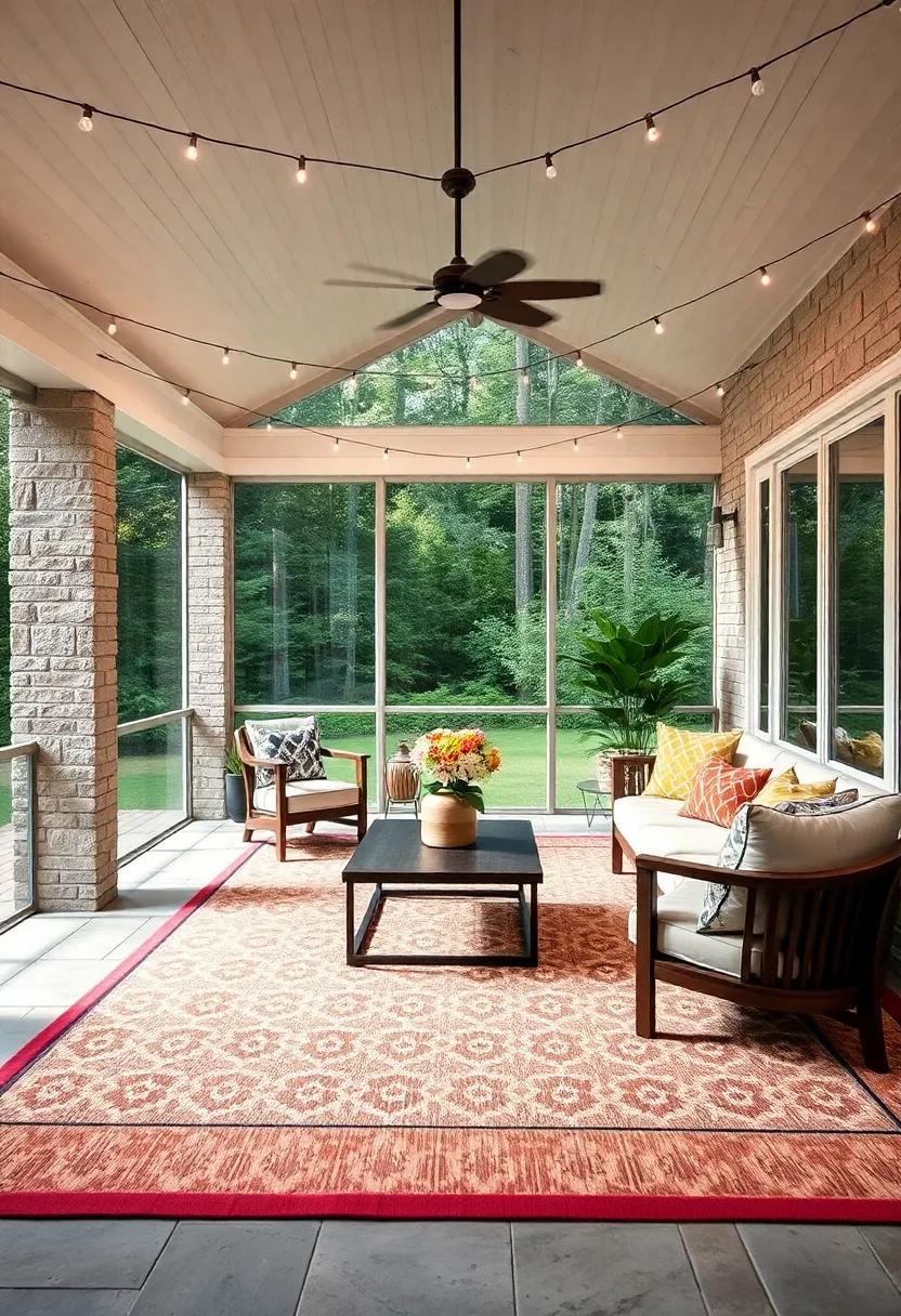 Sophisticated Large Screened Porch Under String Lights with Geometric Patterned Outdoor Rugs and Stylish Furniture
