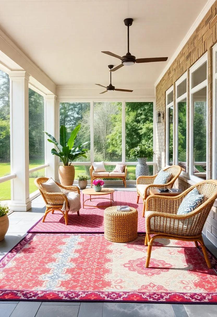 Sun-Drenched Large Screened Porch with Vibrantly Patterned Outdoor Rugs and Curved Rattan Chairs