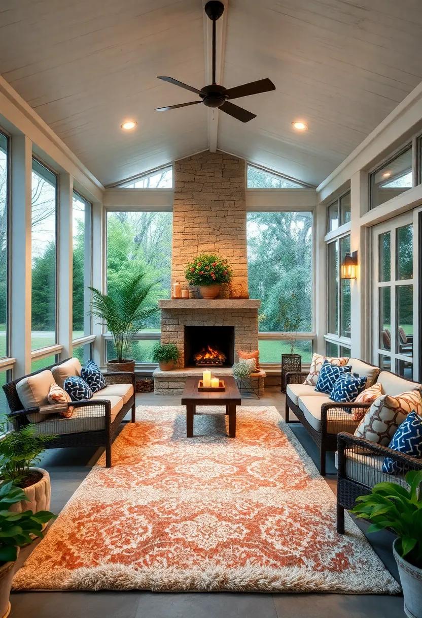 Large Screened Porch Set for Cozy Evenings with Plush Outdoor Rugs and a Stone Fireplace