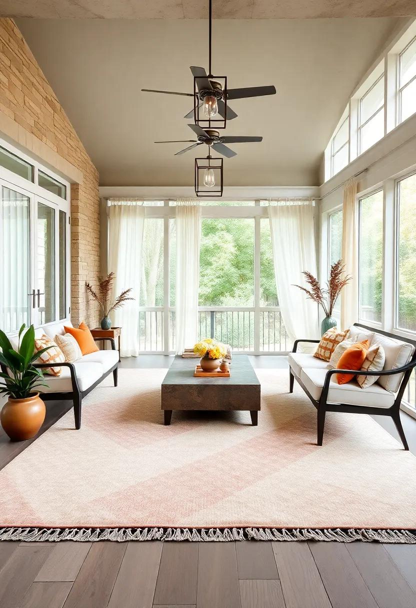 Serene Large Screened Porch Styled with Soft Pastel Outdoor Rugs and Light, Flowing Curtain Drapes