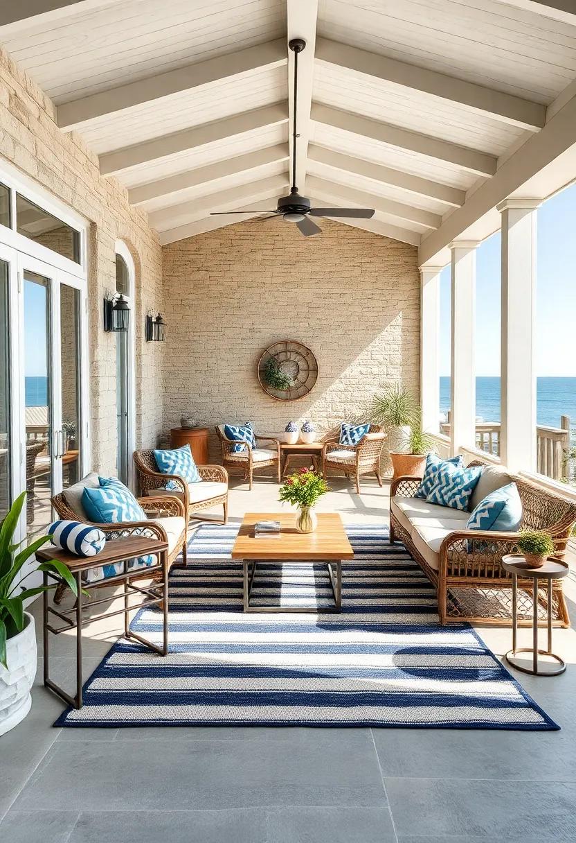 Beachside Large Screened Porch with Striped Outdoor Rugs and Nautical Accents Set Against Ocean Views