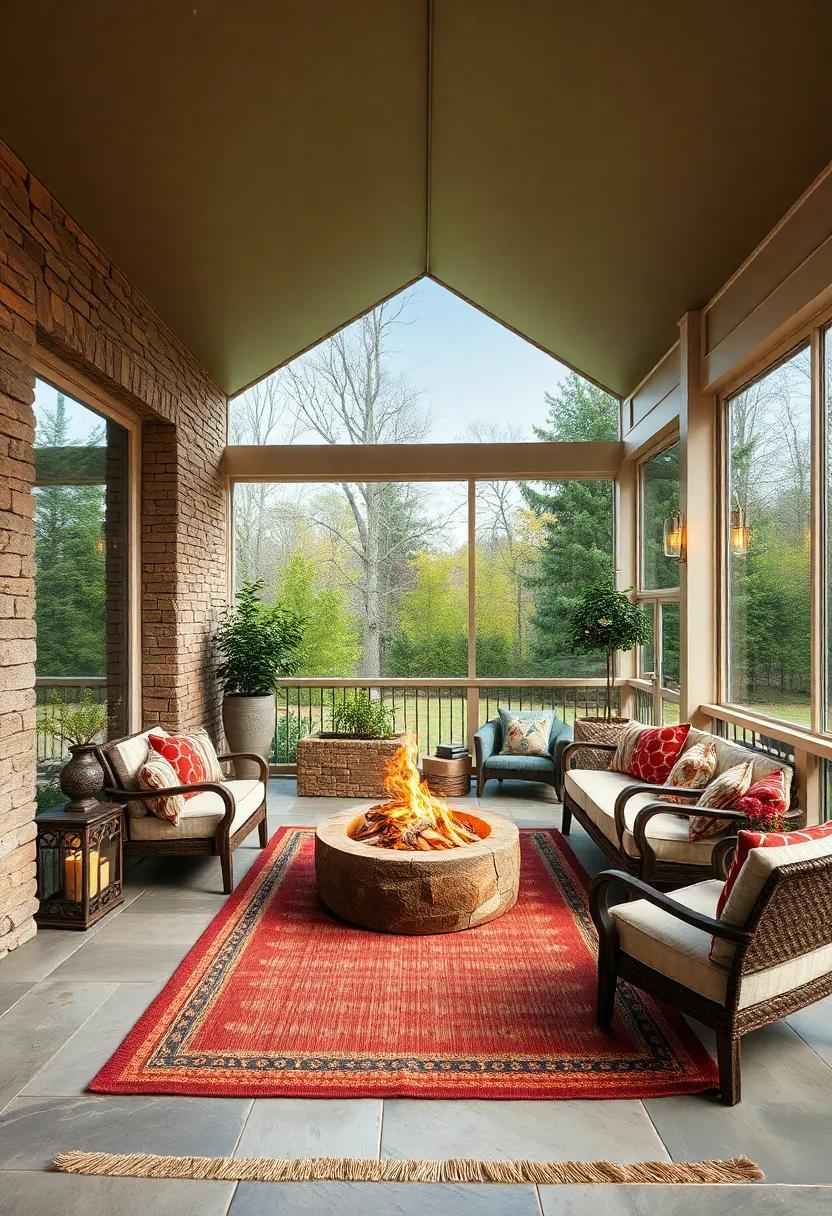 Warm Inviting Large Screened Porch Featuring Rustic Outdoor Rugs and Fireside Seating Under a Starlit Sky