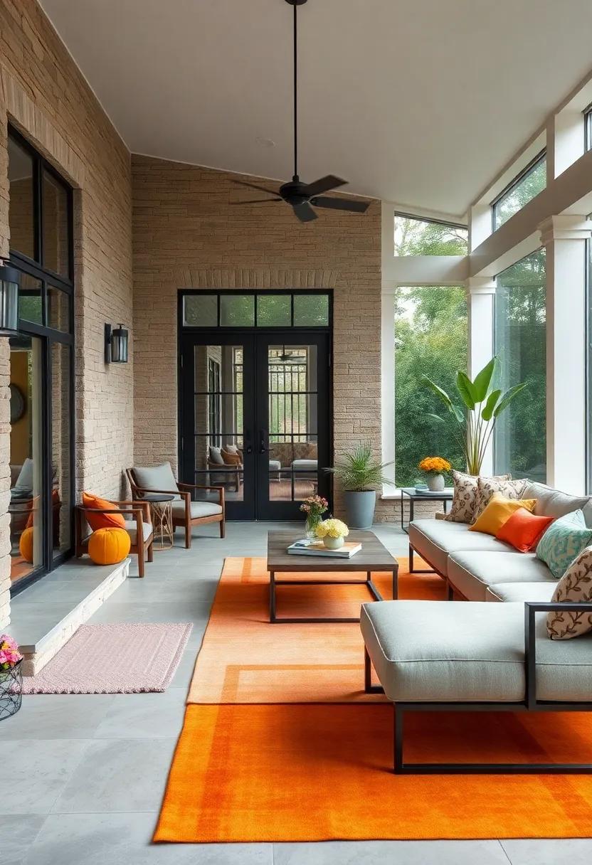 Relaxing Coastal Vibes on a Spacious Screened Porch Showcasing Blue and White Outdoor Rugs with Nautical Décor