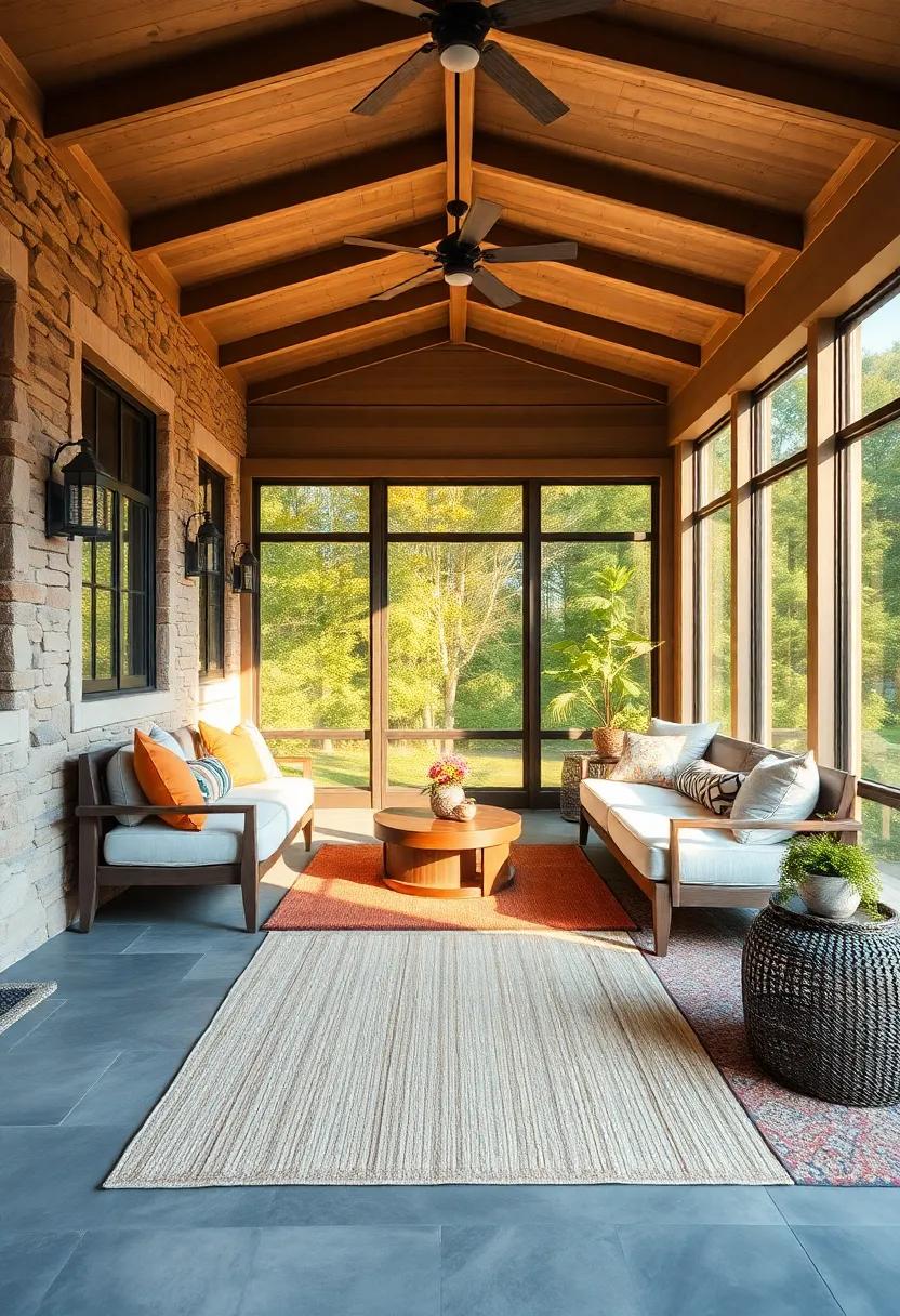 Lush Tropical Large Screened Porch with Bold Geometric Outdoor Rugs and Exotic Leafy Plants