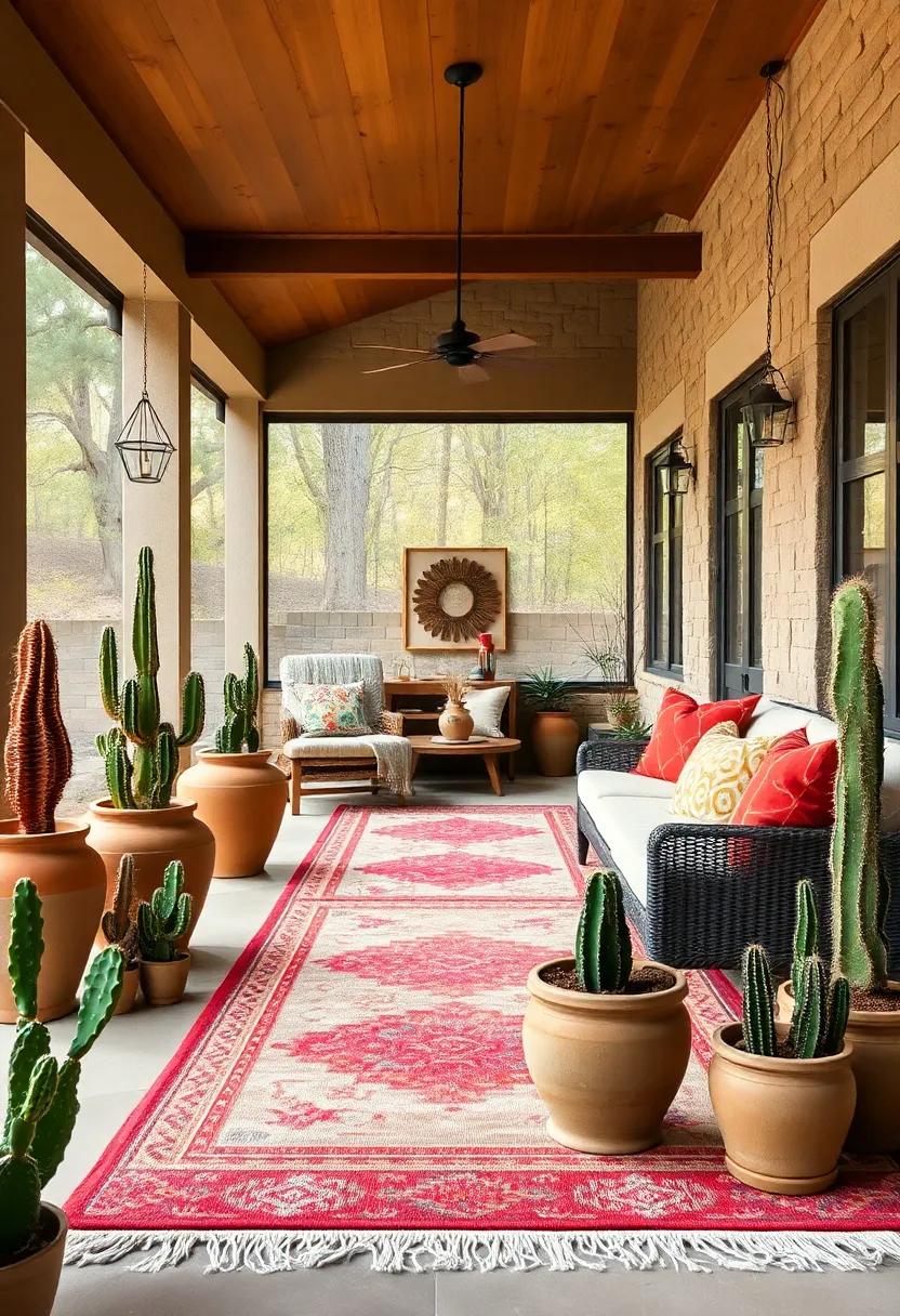 Large Screened Porch Styled with Southwestern Outdoor Rugs and Earthy Clay Pots Surrounded by Cactus Plants
