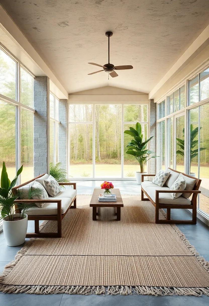 Large Screened Porch Boasting Scandinavian Minimalism with Neutral Outdoor Rugs and Simple Wooden Benches