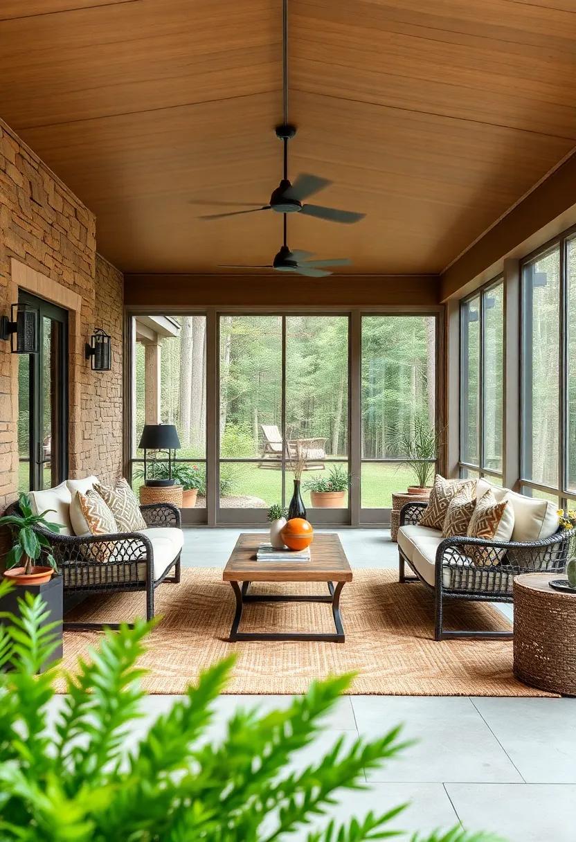 Rustic Charm of a Large Screened Porch with Woven Outdoor Rugs and Plush Throw Pillows in a Woodsy Setting