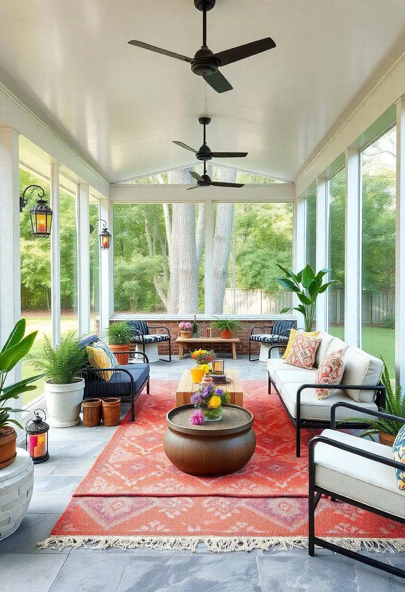 Chic Monochromatic Large Screened Porch with Textured Outdoor Rugs and Modern Metal-Framed Seating