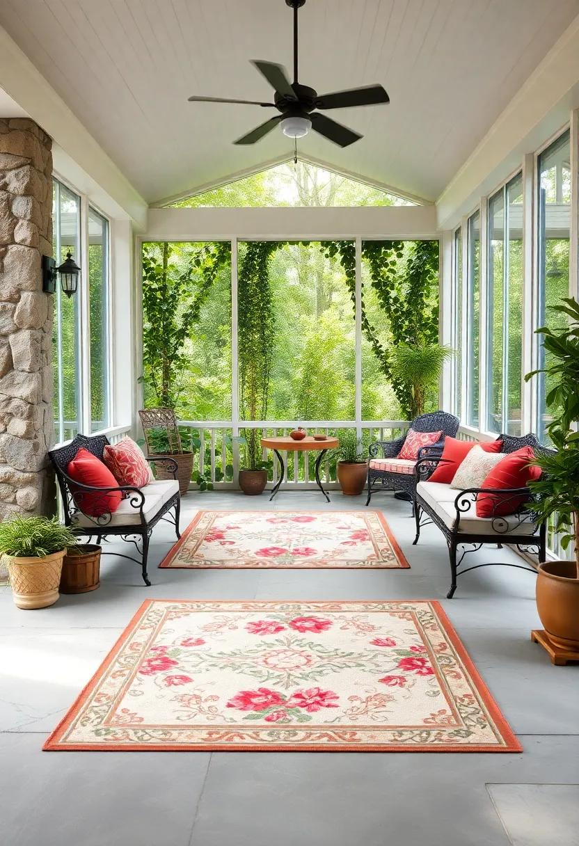 Large Screened Porch Displaying Vintage Floral Rugs and Classic Iron Seating Among Verdant Vines