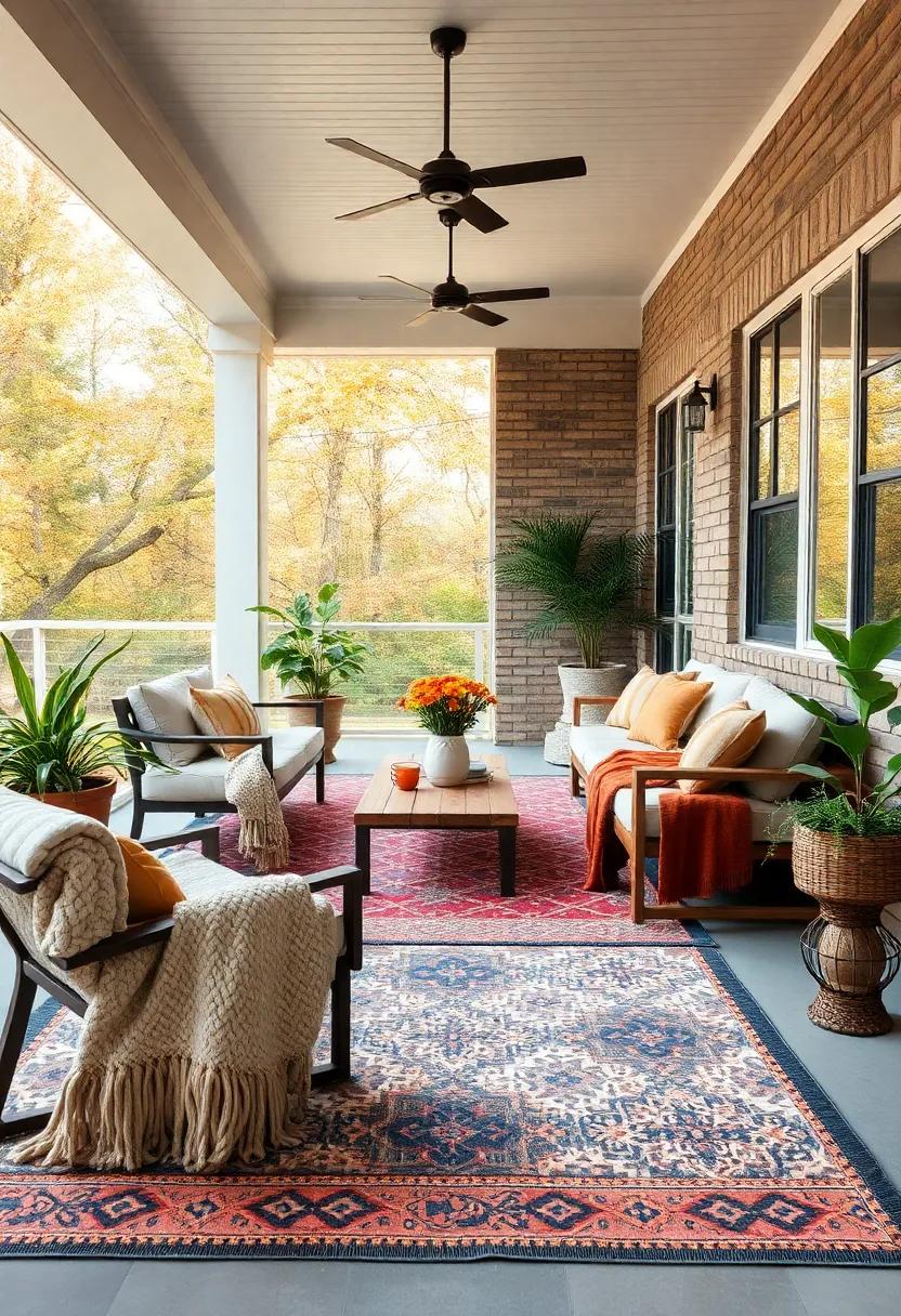 Warm Autumn Inspired Large Screened Porch Featuring Multi-Colored Outdoor Rugs and Cozy Knit Blankets