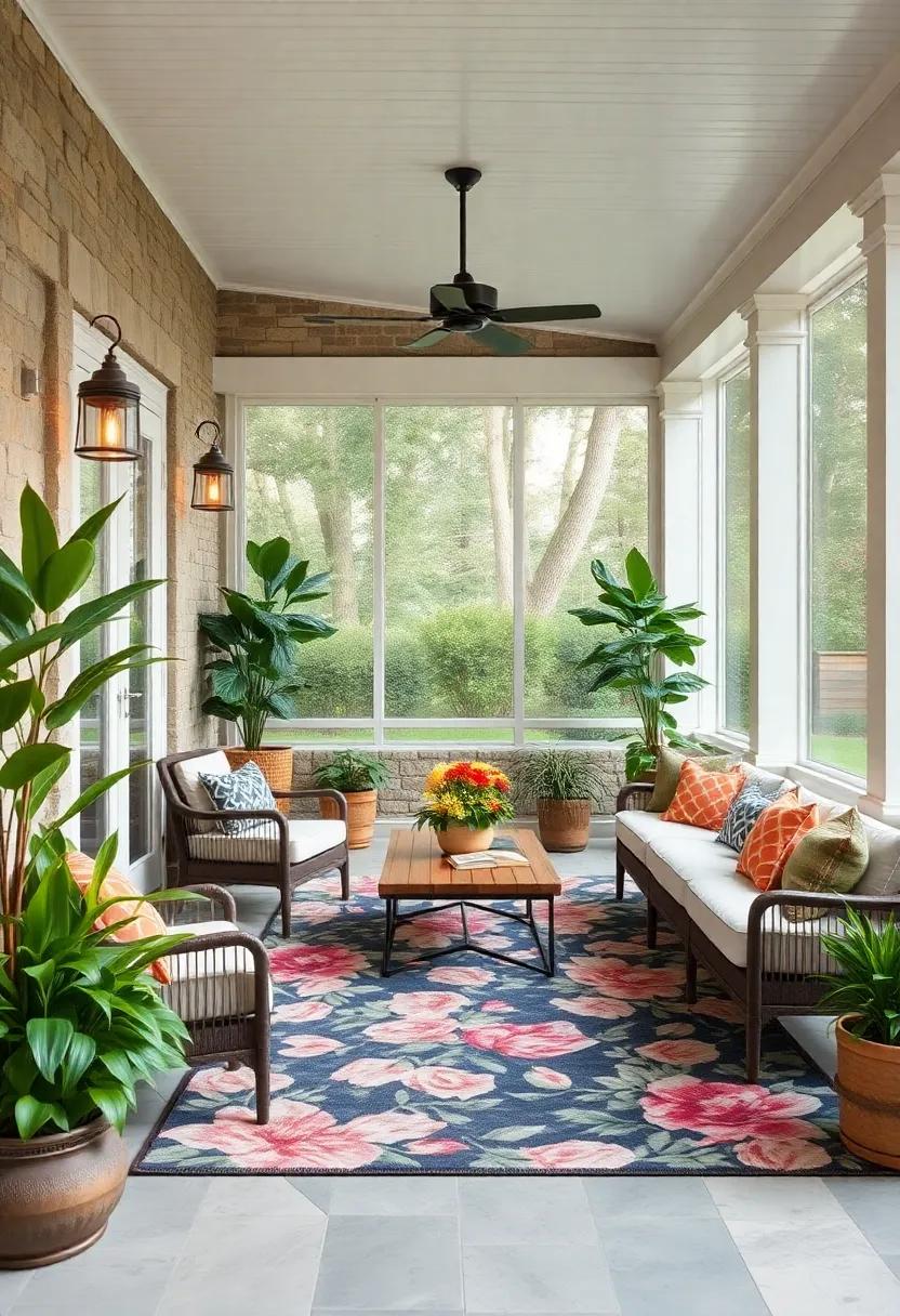 Large Screened Porch Transformed into a Garden Retreat with Floral Outdoor Rugs and Abundant Potted Plants