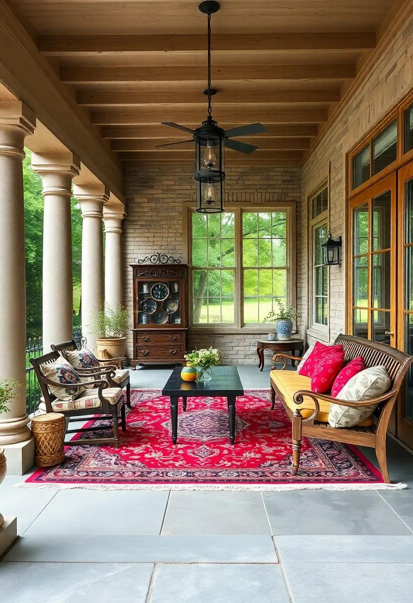 Large Screened Porch Evoking Vintage Elegance with Persian Style Outdoor Rugs and Antique Wooden Furniture