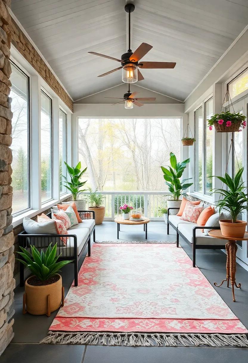 Fresh Spring Vibes in a Large Screened Porch Adorned with Pastel Outdoor Rugs and Delicate Hanging Planters