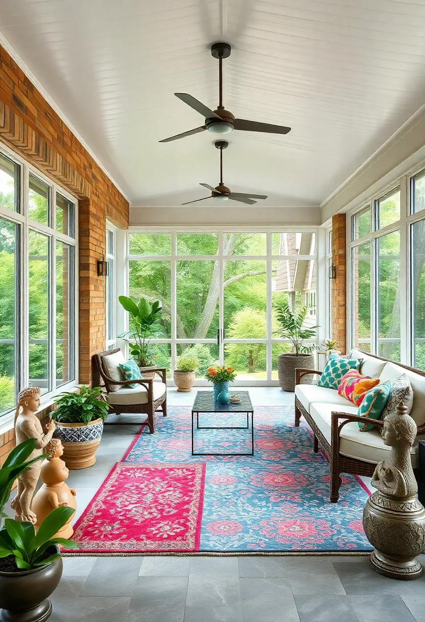 Bright and Cheerful Large Screened Porch Featuring Colorful Outdoor Rugs and Eclectic Garden Statues